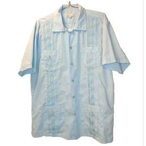 Silver Crest Cuban Cigar Shirt Men XL/XXL Beach Embroider Pleated Button Pockets